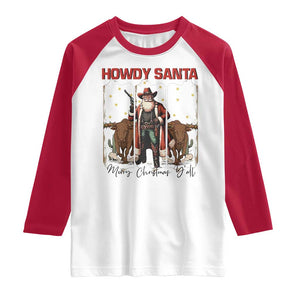 Howdy Santa Merry Christmas Y'all Raglan Shirt Funny Western Bull Riding TS12 White Red Print Your Wear