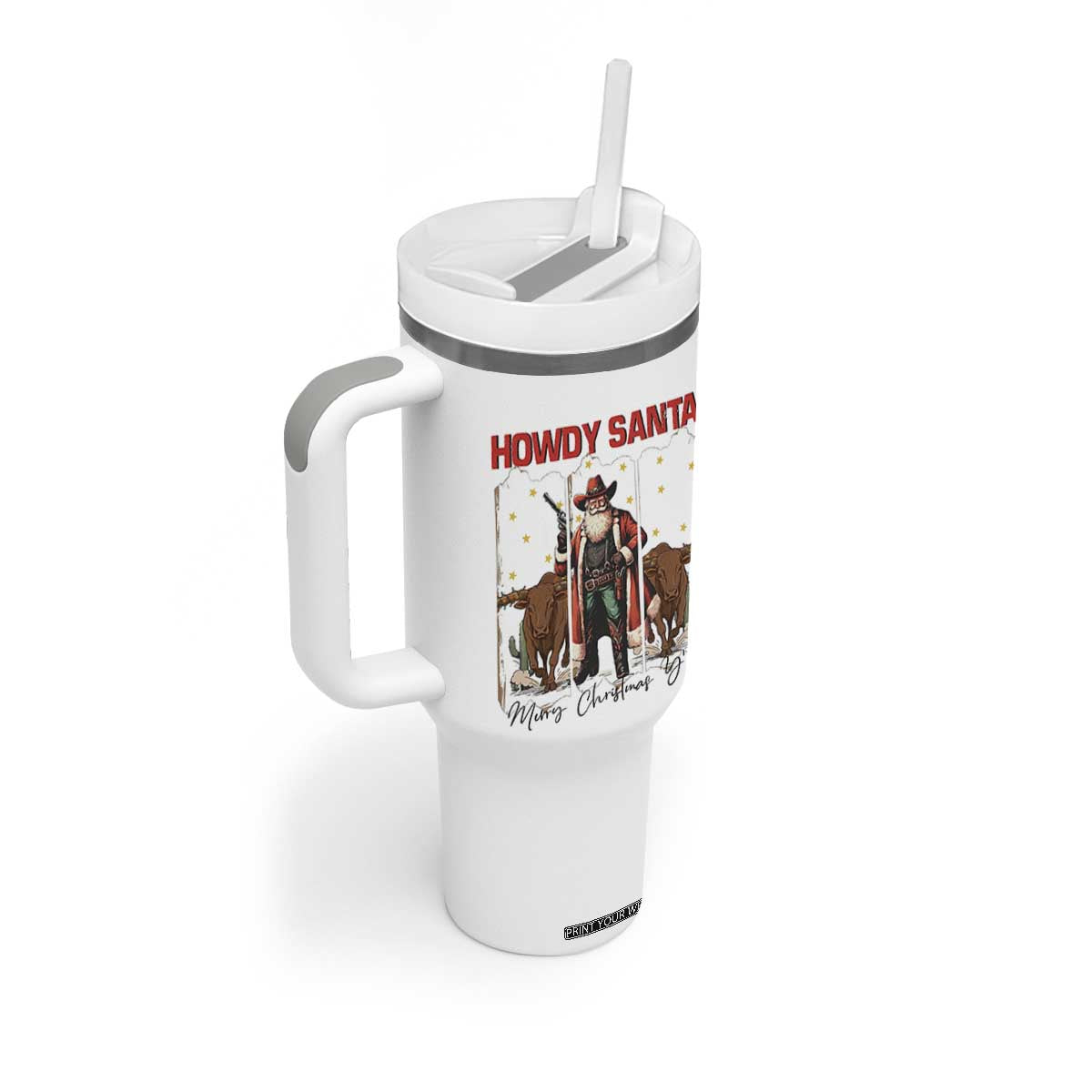 Howdy Santa Merry Christmas Y'all Tumbler With Handle Funny Western Bull Riding TS12 Print Your Wear