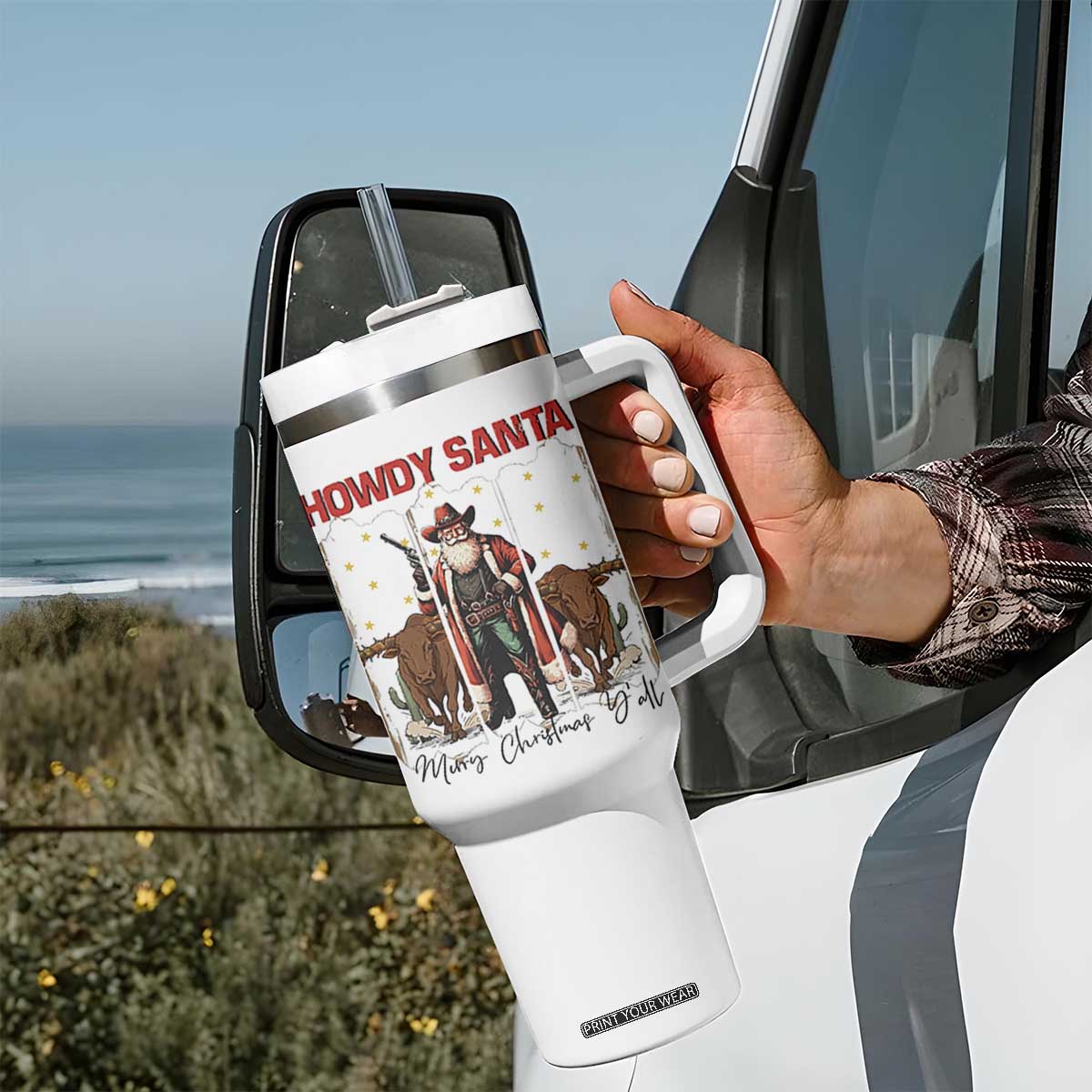 Howdy Santa Merry Christmas Y'all Tumbler With Handle Funny Western Bull Riding TS12 Print Your Wear