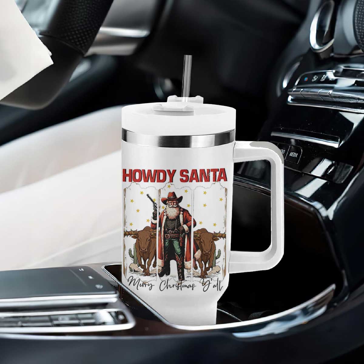 Howdy Santa Merry Christmas Y'all Tumbler With Handle Funny Western Bull Riding TS12 Print Your Wear