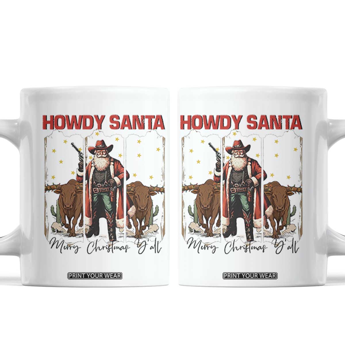 Howdy Santa Merry Christmas Y'all Coffee Mug Funny Western Bull Riding TS12 White Print Your Wear