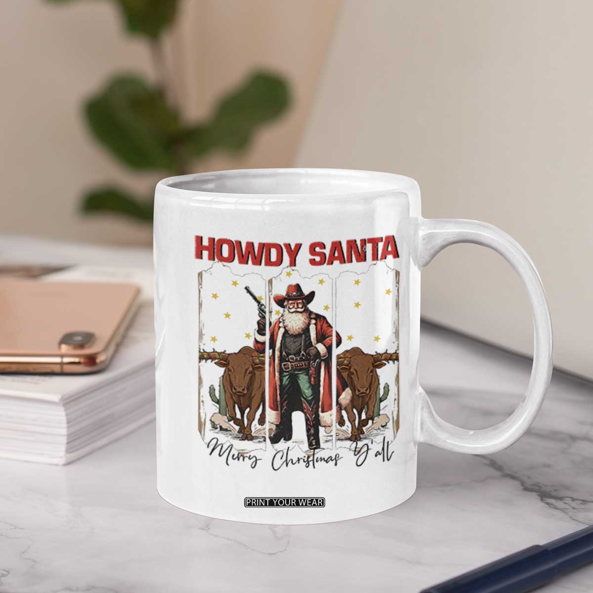 Howdy Santa Merry Christmas Y'all Coffee Mug Funny Western Bull Riding TS12 Print Your Wear