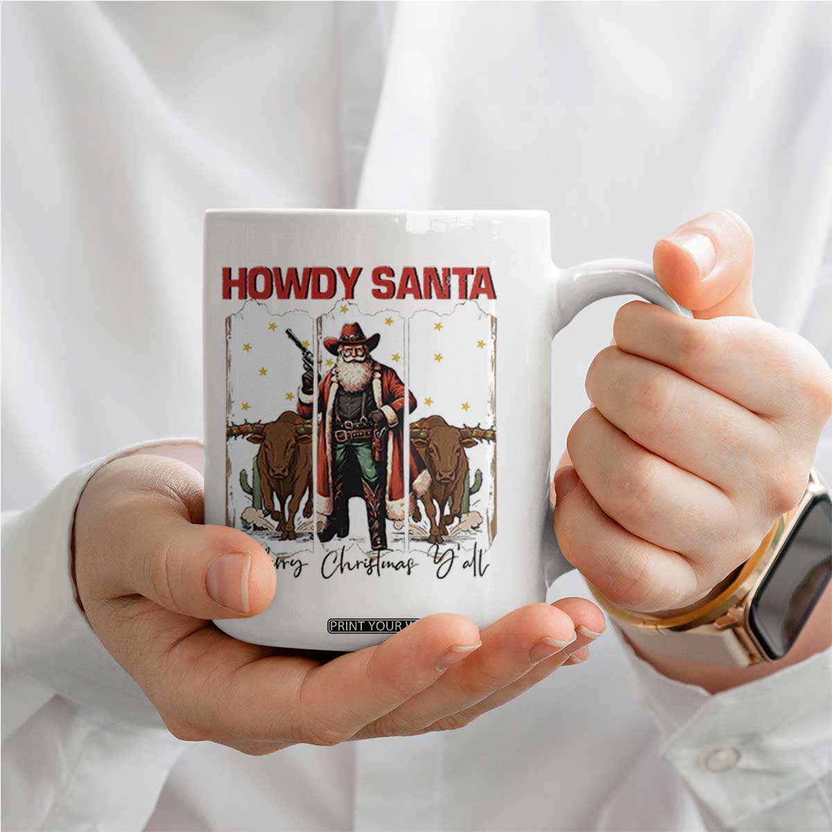 Howdy Santa Merry Christmas Y'all Coffee Mug Funny Western Bull Riding TS12 Print Your Wear
