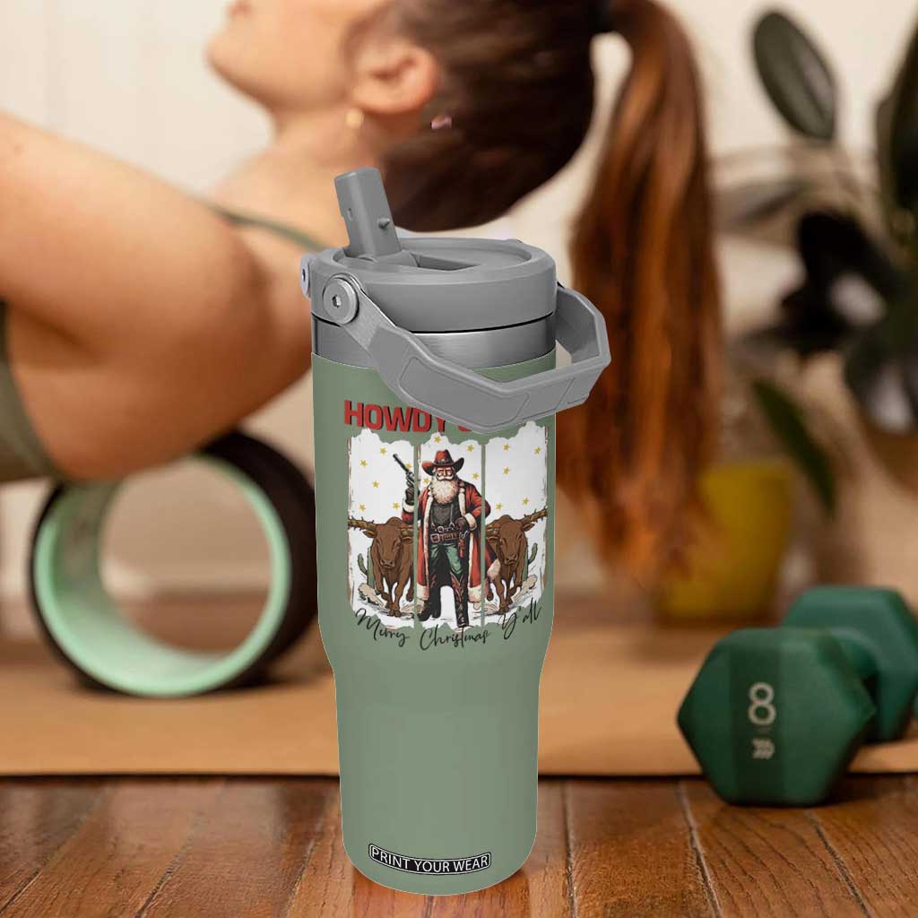 Howdy Santa Merry Christmas Y'all Flip Straw Tumbler Funny Western Bull Riding TS12 One Size: 30 oz Moss Green Print Your Wear