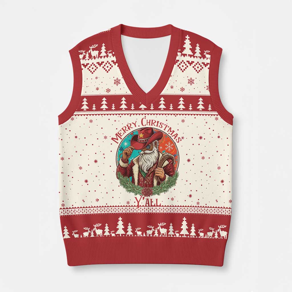 Howdy Santa Merry Xmas Y'all V-Neck Knit Sweater Vest Funny Western Holiday Gift TS12 Beige Red Print Your Wear