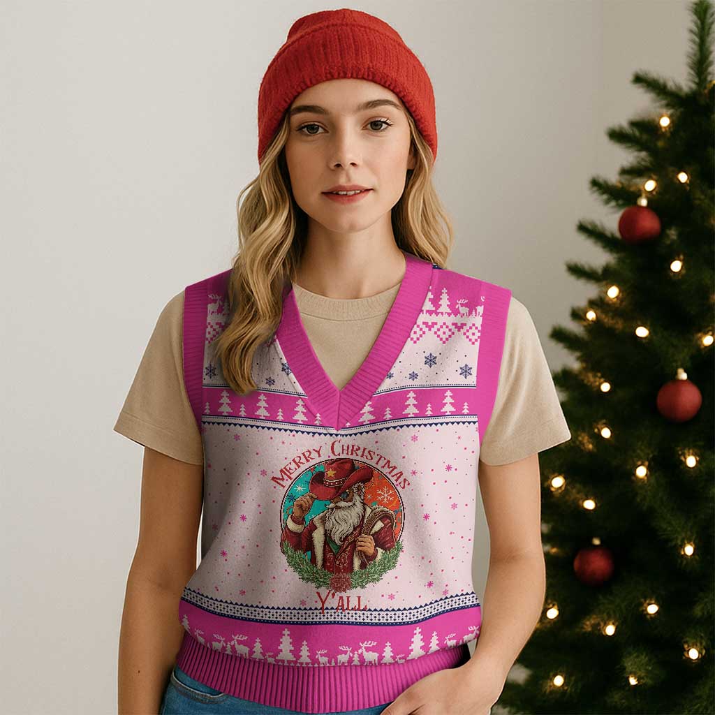 Howdy Santa Merry Xmas Y'all V-Neck Knit Sweater Vest Funny Western Holiday Gift TS12 Hot Pink Print Your Wear