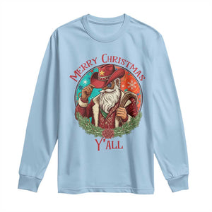 Howdy Santa Merry Christmas Y'all Long Sleeve Shirt Funny Western Holiday Gift TS12 Light Blue Print Your Wear