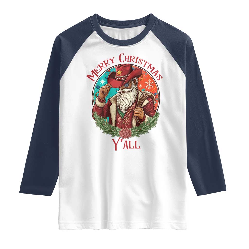 Howdy Santa Merry Christmas Y'all Raglan Shirt Funny Western Holiday Gift TS12 White Navy Print Your Wear