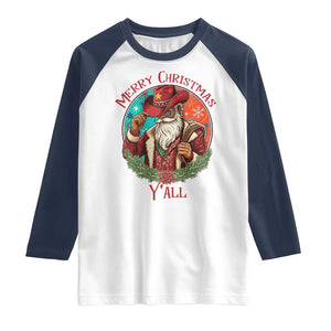 Howdy Santa Merry Christmas Y'all Raglan Shirt Funny Western Holiday Gift TS12 White Navy Print Your Wear