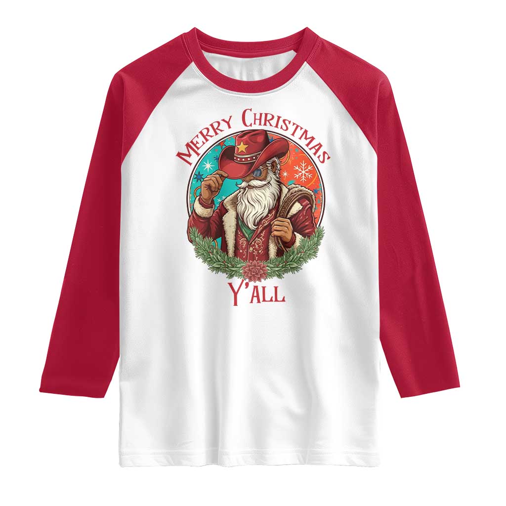 Howdy Santa Merry Christmas Y'all Raglan Shirt Funny Western Holiday Gift TS12 White Red Print Your Wear