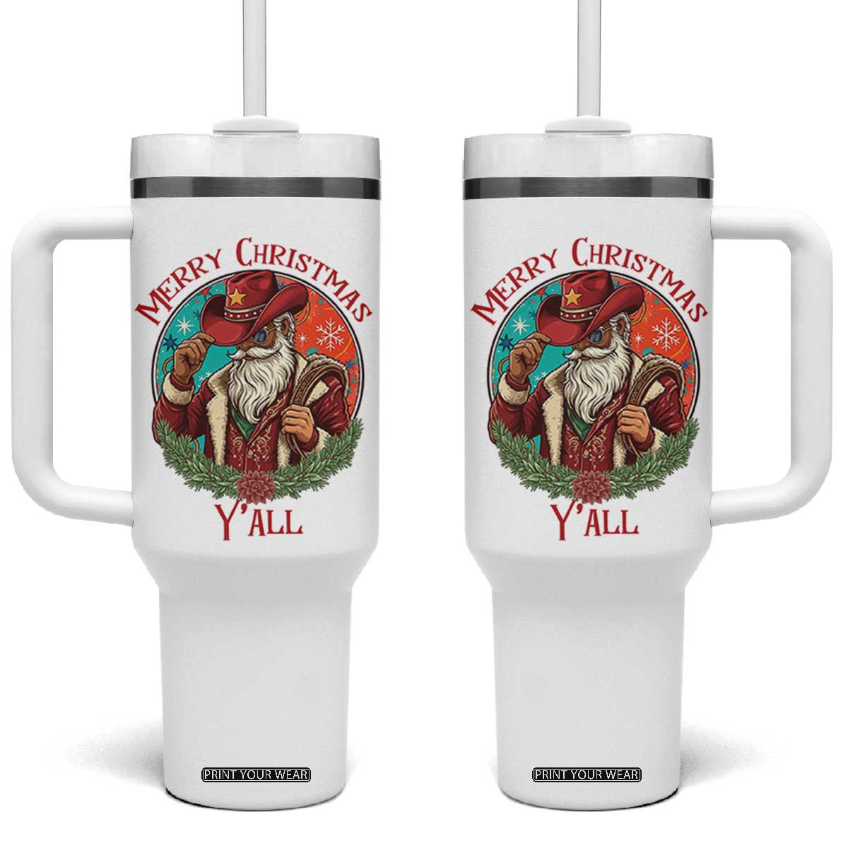 Howdy Santa Merry Christmas Y'all Tumbler With Handle Funny Western Holiday Gift TS12 One Size: 40 oz White Print Your Wear