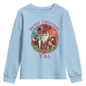 Howdy Santa Merry Christmas Y'all Youth Sweatshirt Funny Western Holiday Gift TS12 Light Blue Print Your Wear