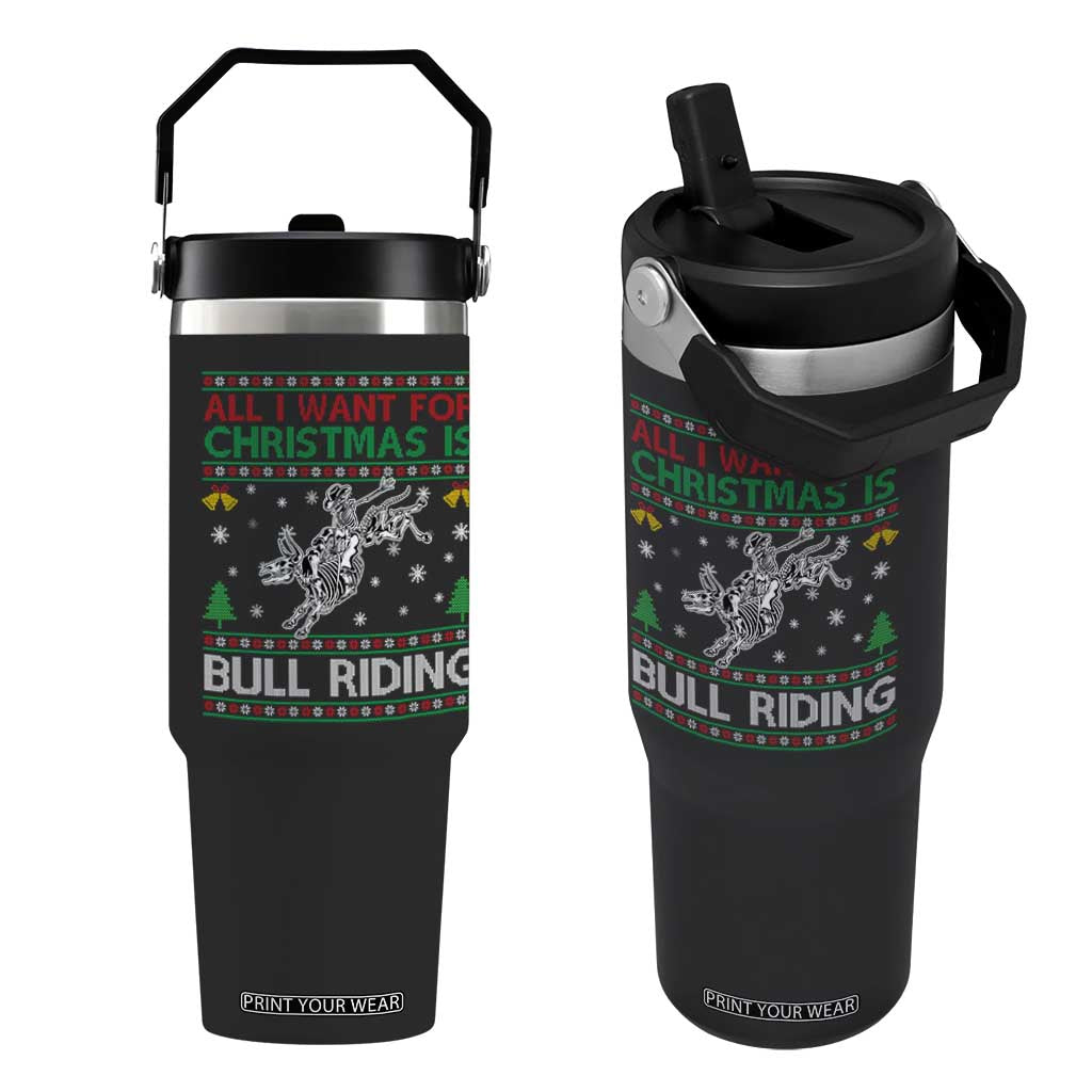 All I Want For Christmas Is Bull Riding Flip Straw Tumbler Skeleton Cowboy Ugly Sweater Gift TS12 One Size: 30 oz Black Print Your Wear