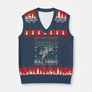 All I Want For Xmas Is Bull Riding V-Neck Knit Sweater Vest Skeleton Cowboy Ugly Sweater Gift TS12 Navy Red Print Your Wear