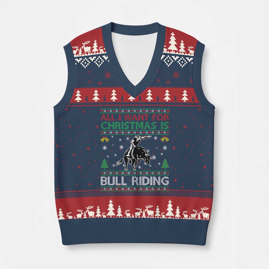 Western Bull Riding All I Want For Xmas Ugly Sweater Gift V-Neck Knit Sweater Vest TS12 Navy Red Print Your Wear