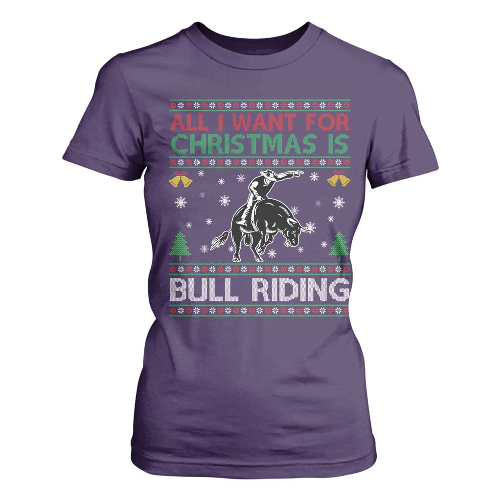 Western Bull Riding All I Want For Christmas Ugly Sweater Gift T Shirt For Women TS12 Purple Print Your Wear