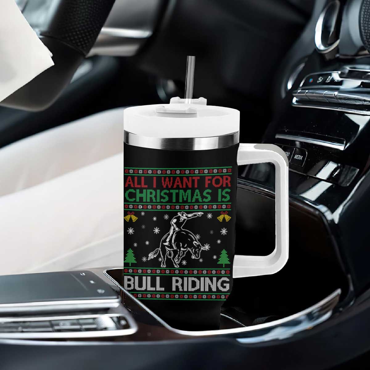 Western Bull Riding All I Want For Christmas Ugly Sweater Gift Tumbler With Handle TS12 Print Your Wear
