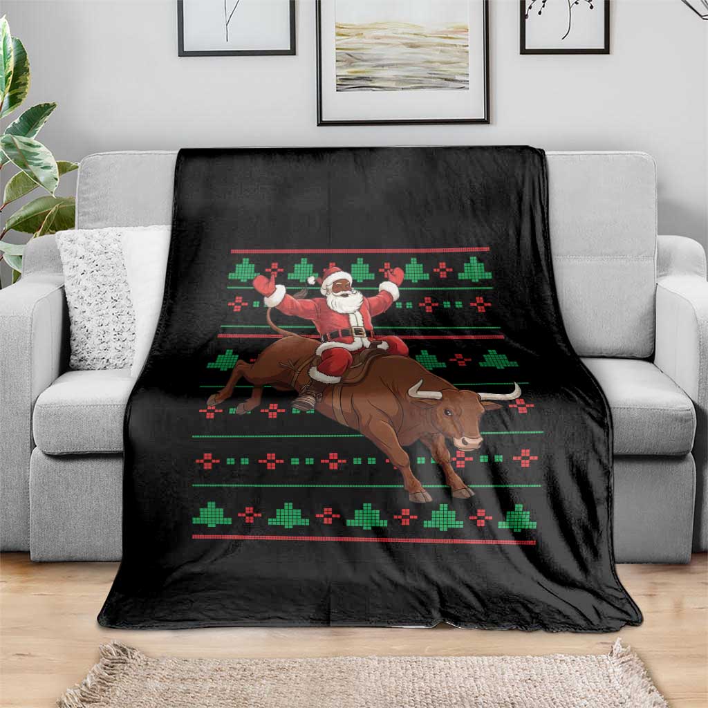 Funny Black Santa Riding Bull Throw Blanket Ugly Christmas Sweater Gift TS12 Print Your Wear