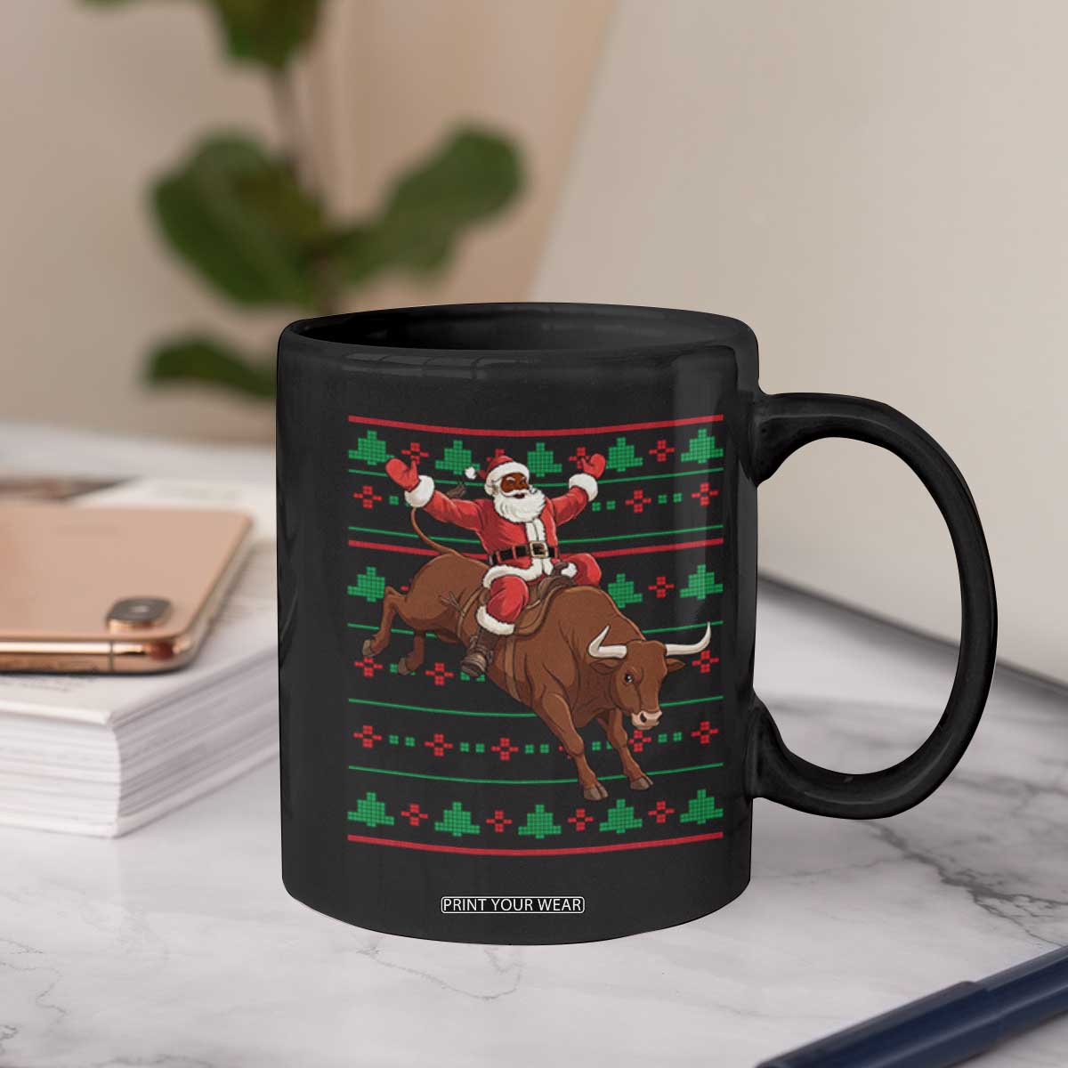 Funny Black Santa Riding Bull Coffee Mug Ugly Christmas Sweater Gift TS12 Print Your Wear