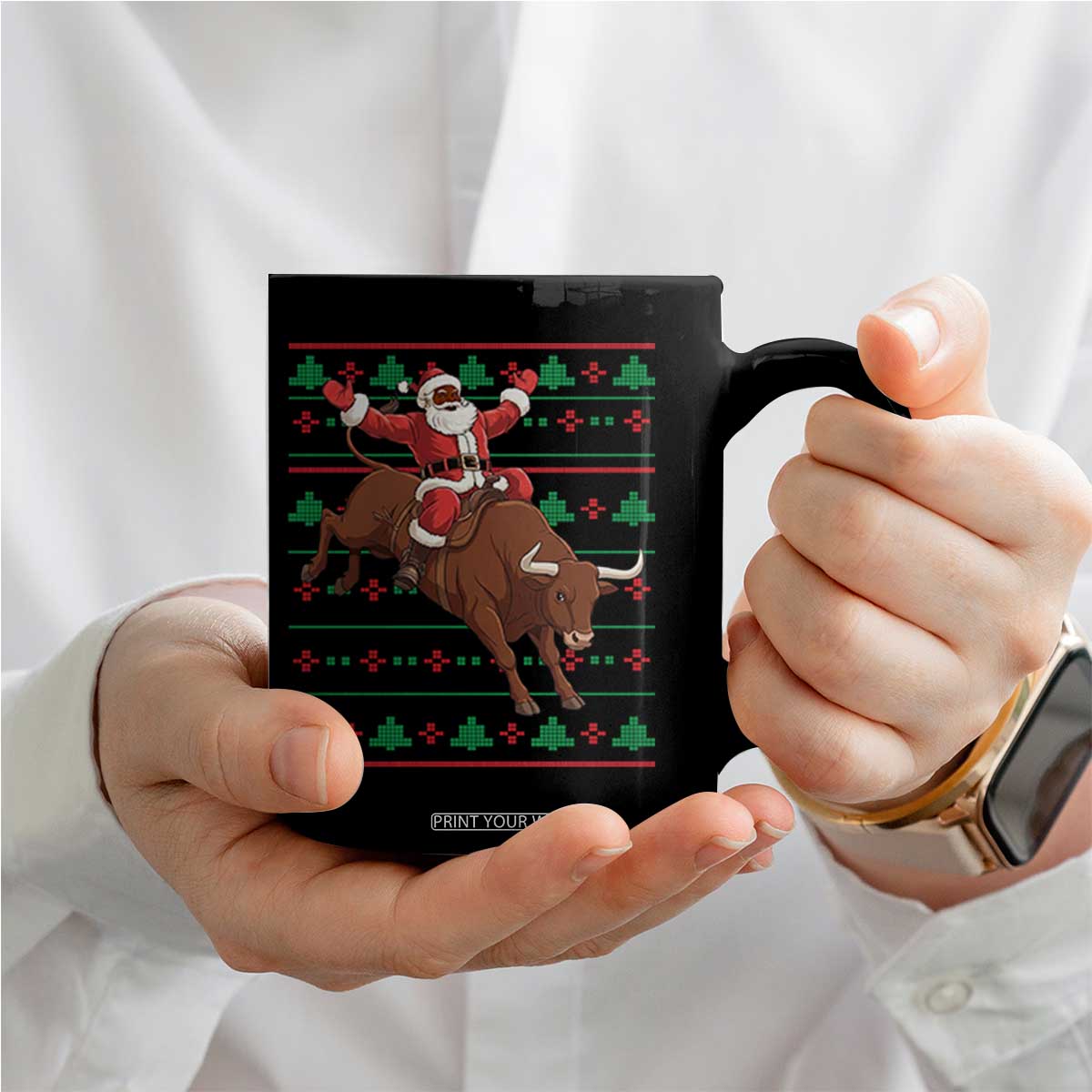 Funny Black Santa Riding Bull Coffee Mug Ugly Christmas Sweater Gift TS12 Print Your Wear