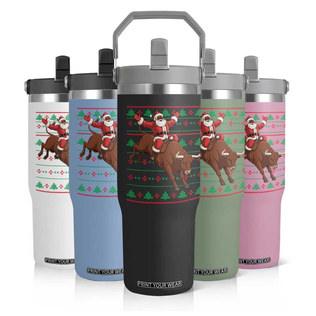 Funny Black Santa Riding Bull Flip Straw Tumbler Ugly Christmas Sweater Gift TS12 Print Your Wear