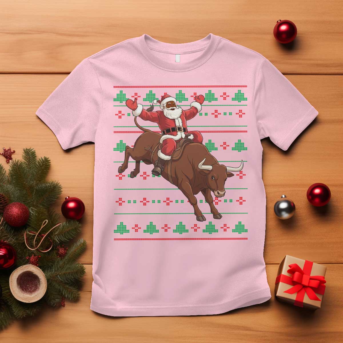Funny Black Santa Riding Bull T Shirt Ugly Christmas Sweater Gift TS12 Light Pink Print Your Wear
