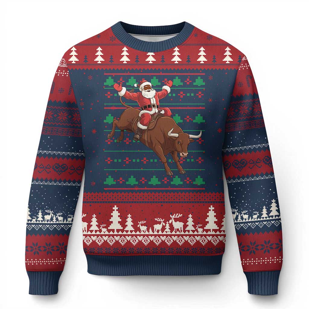 Funny Black Santa Riding Bull Ugly Christmas Sweater Ugly Xmas Sweater Gift TS12 Navy Red Print Your Wear