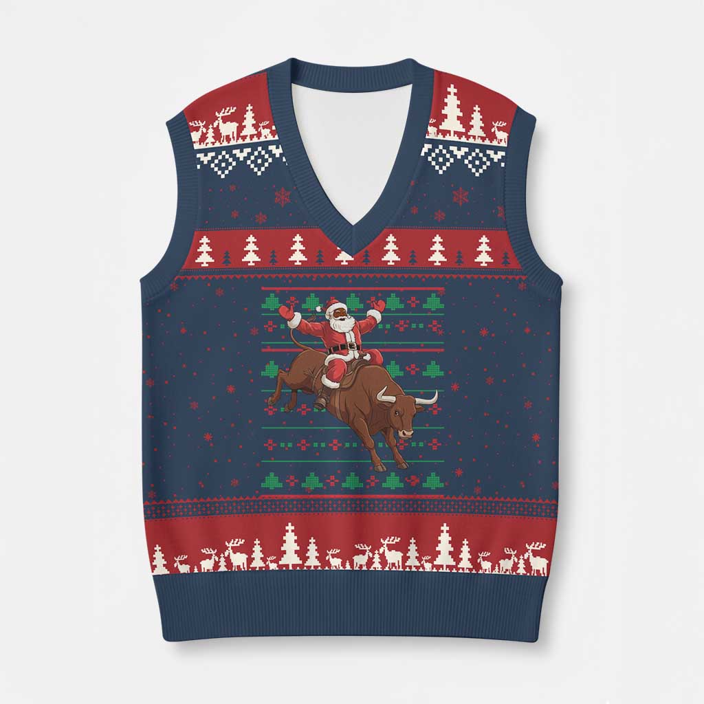 Funny Black Santa Riding Bull V-Neck Knit Sweater Vest Ugly Xmas Sweater Gift TS12 Navy Red Print Your Wear