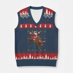 Funny Black Santa Riding Bull V-Neck Knit Sweater Vest Ugly Xmas Sweater Gift TS12 Navy Red Print Your Wear
