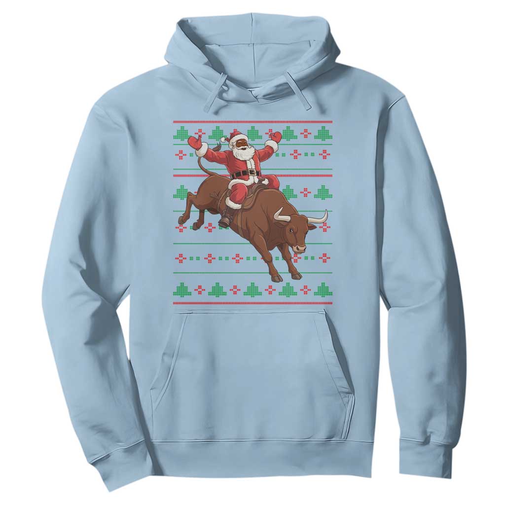 Funny Black Santa Riding Bull Hoodie Ugly Christmas Sweater Gift TS12 Light Blue Print Your Wear