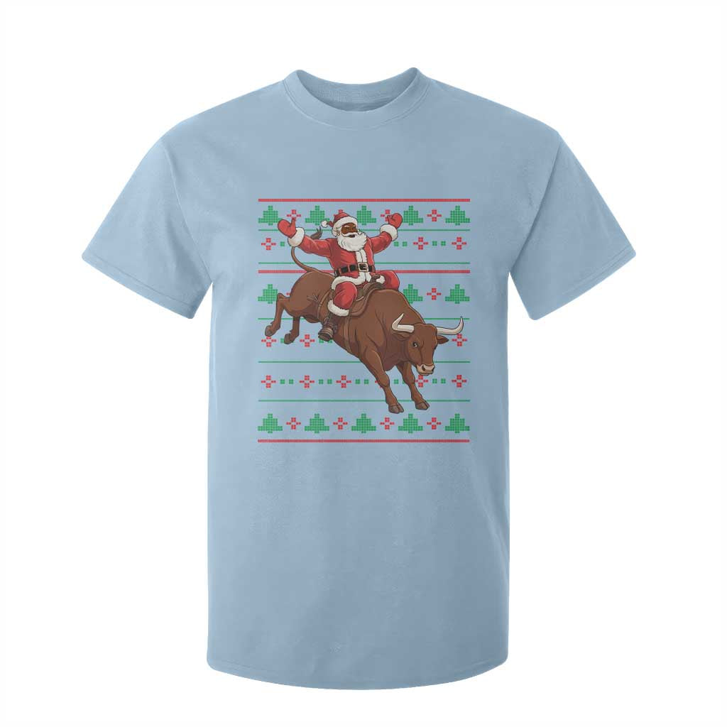 Funny Black Santa Riding Bull T Shirt For Kid Ugly Christmas Sweater Gift TS12 Light Blue Print Your Wear