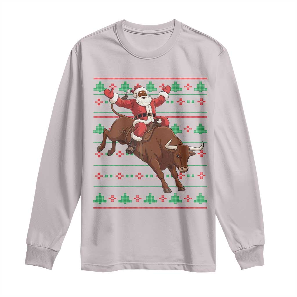 Funny Black Santa Riding Bull Long Sleeve Shirt Ugly Christmas Sweater Gift TS12 Ice Gray Print Your Wear