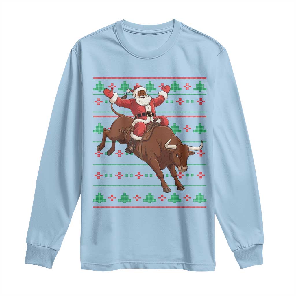 Funny Black Santa Riding Bull Long Sleeve Shirt Ugly Christmas Sweater Gift TS12 Light Blue Print Your Wear