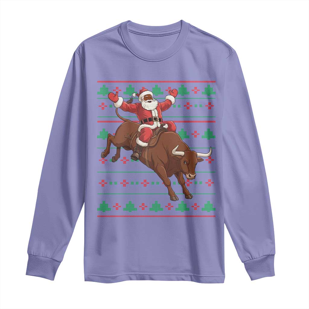 Funny Black Santa Riding Bull Long Sleeve Shirt Ugly Christmas Sweater Gift TS12 Violet Print Your Wear