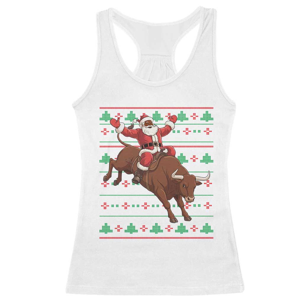 Funny Black Santa Riding Bull Racerback Tank Top Ugly Christmas Sweater Gift TS12 White Print Your Wear