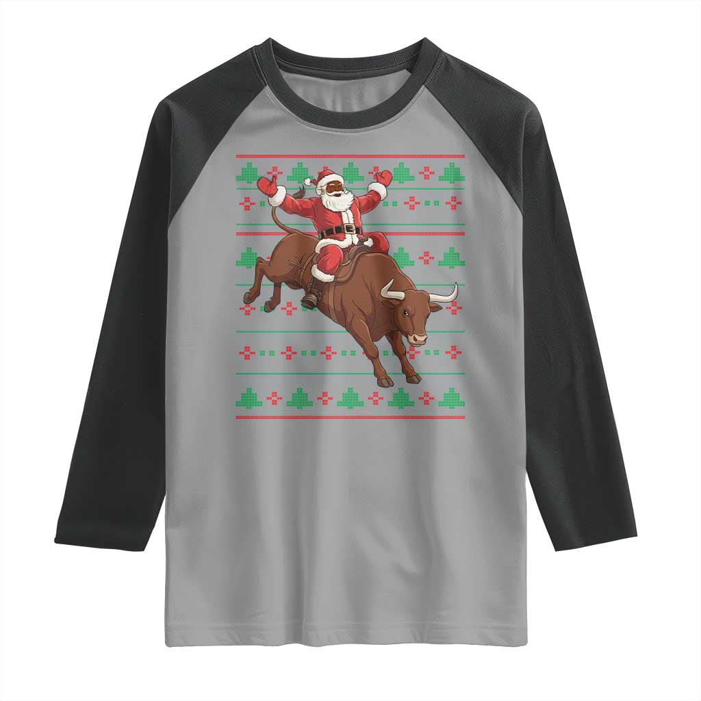 Funny Black Santa Riding Bull Raglan Shirt Ugly Christmas Sweater Gift TS12 Sport Gray Black Print Your Wear
