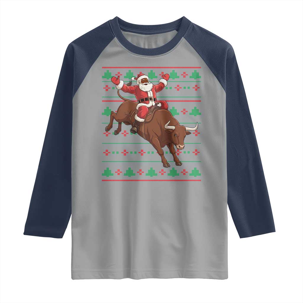 Funny Black Santa Riding Bull Raglan Shirt Ugly Christmas Sweater Gift TS12 Sport Gray Navy Print Your Wear