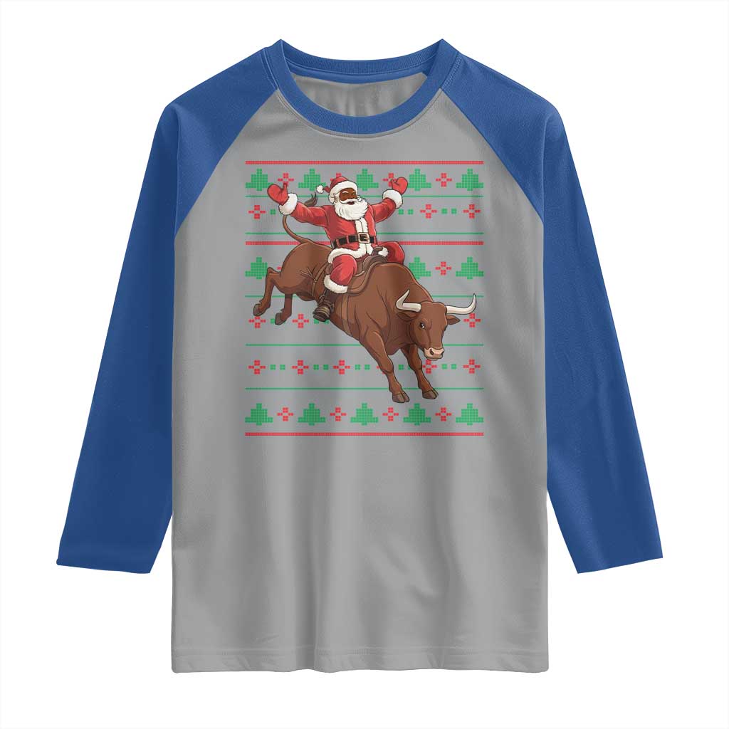 Funny Black Santa Riding Bull Raglan Shirt Ugly Christmas Sweater Gift TS12 Sport Gray Royal Print Your Wear