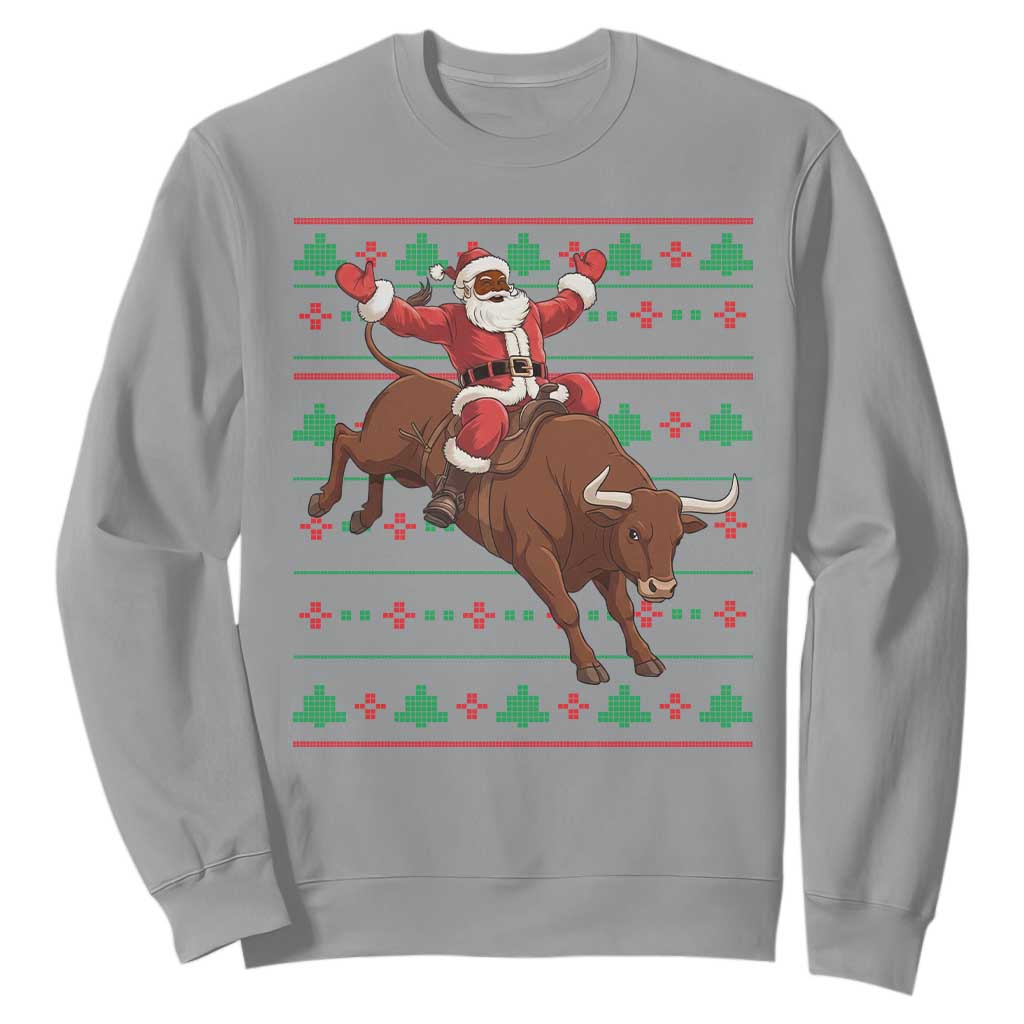 Funny Black Santa Riding Bull Sweatshirt Ugly Christmas Sweater Gift TS12 Sport Gray Print Your Wear