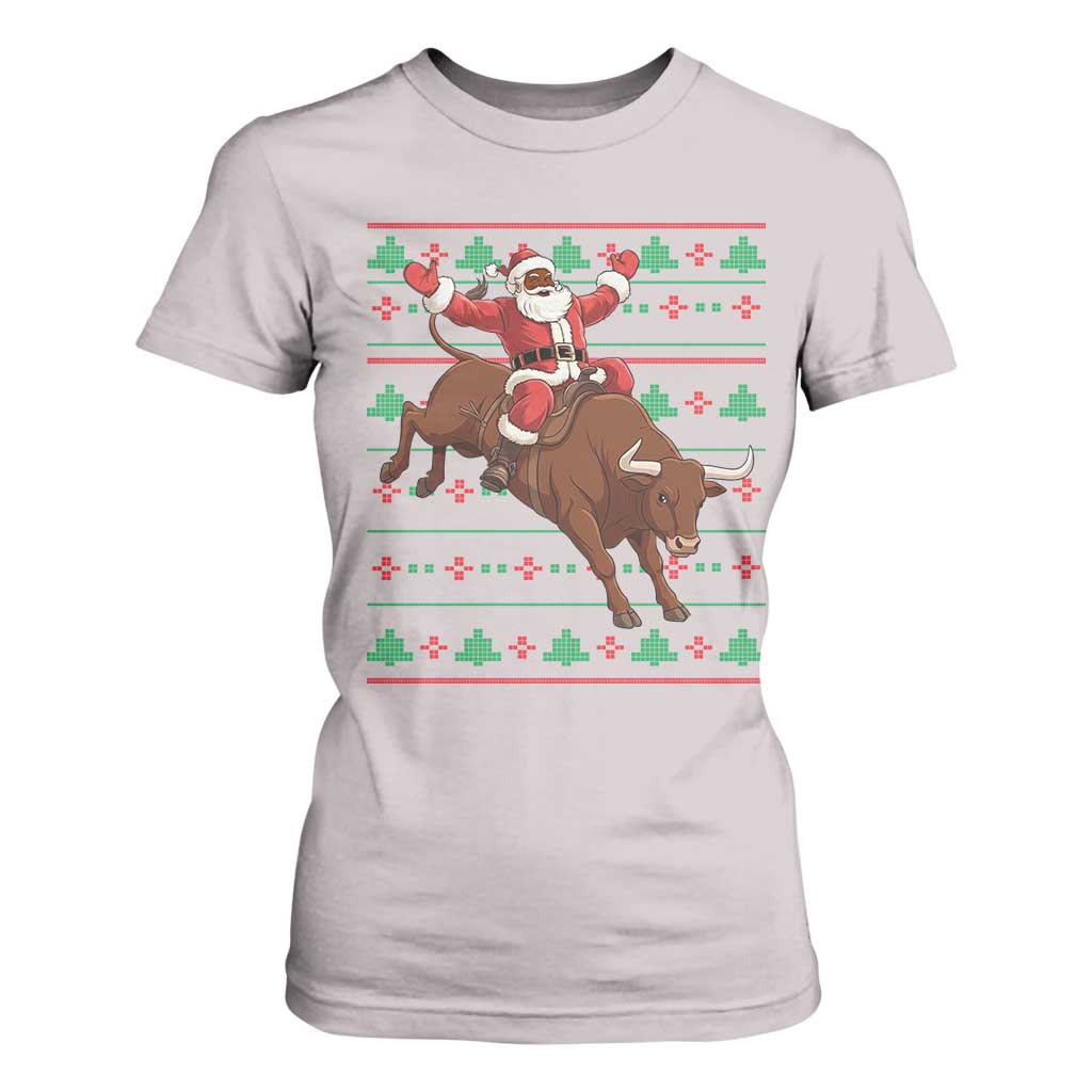 Funny Black Santa Riding Bull T Shirt For Women Ugly Christmas Sweater Gift TS12 Ice Gray Print Your Wear