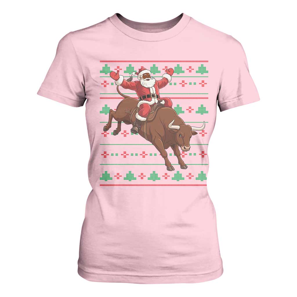 Funny Black Santa Riding Bull T Shirt For Women Ugly Christmas Sweater Gift TS12 Light Pink Print Your Wear