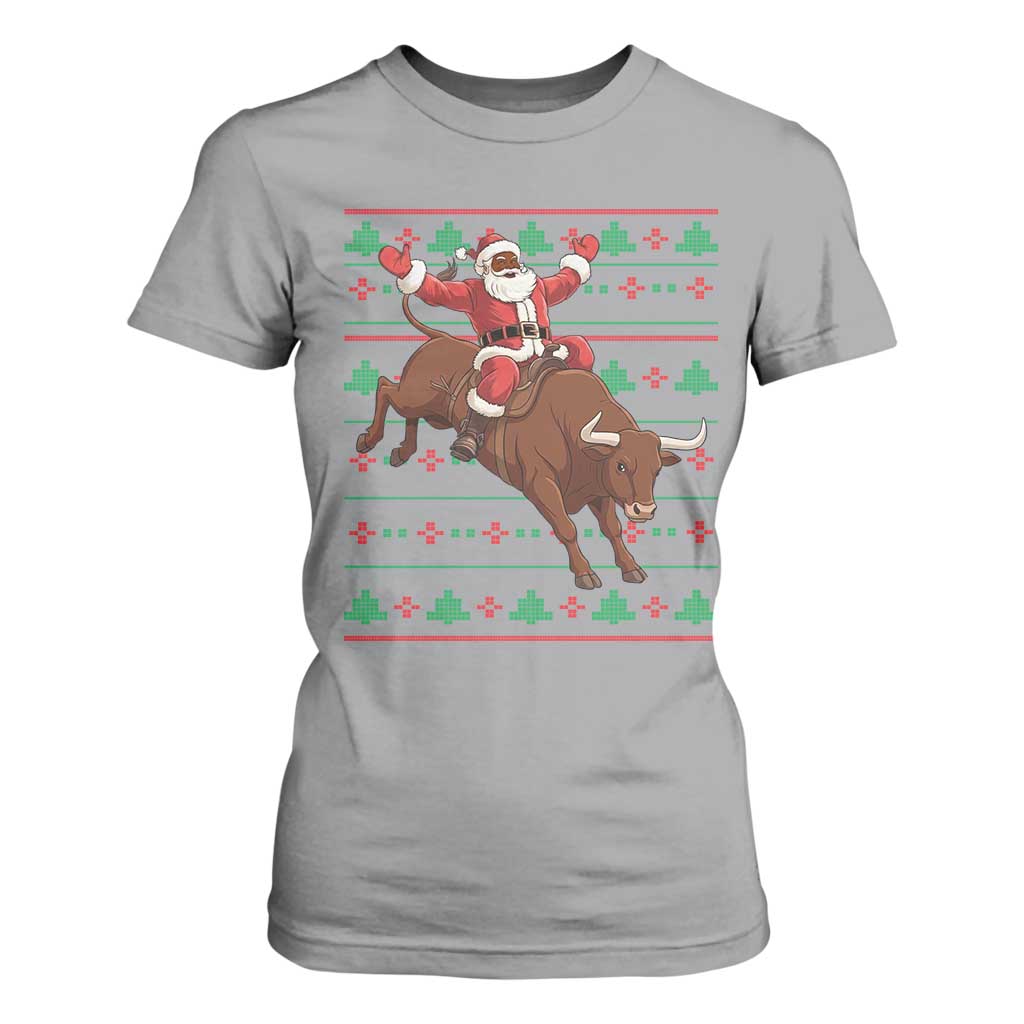 Funny Black Santa Riding Bull T Shirt For Women Ugly Christmas Sweater Gift TS12 Sport Gray Print Your Wear