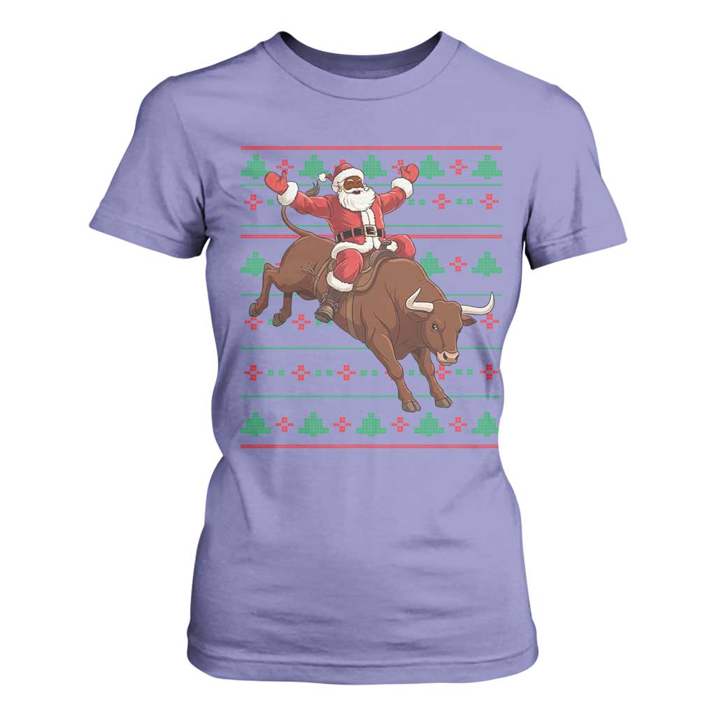 Funny Black Santa Riding Bull T Shirt For Women Ugly Christmas Sweater Gift TS12 Violet Print Your Wear