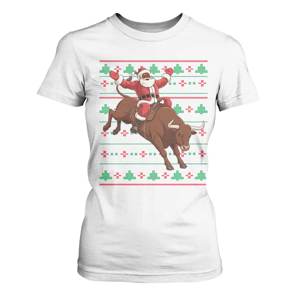 Funny Black Santa Riding Bull T Shirt For Women Ugly Christmas Sweater Gift TS12 White Print Your Wear