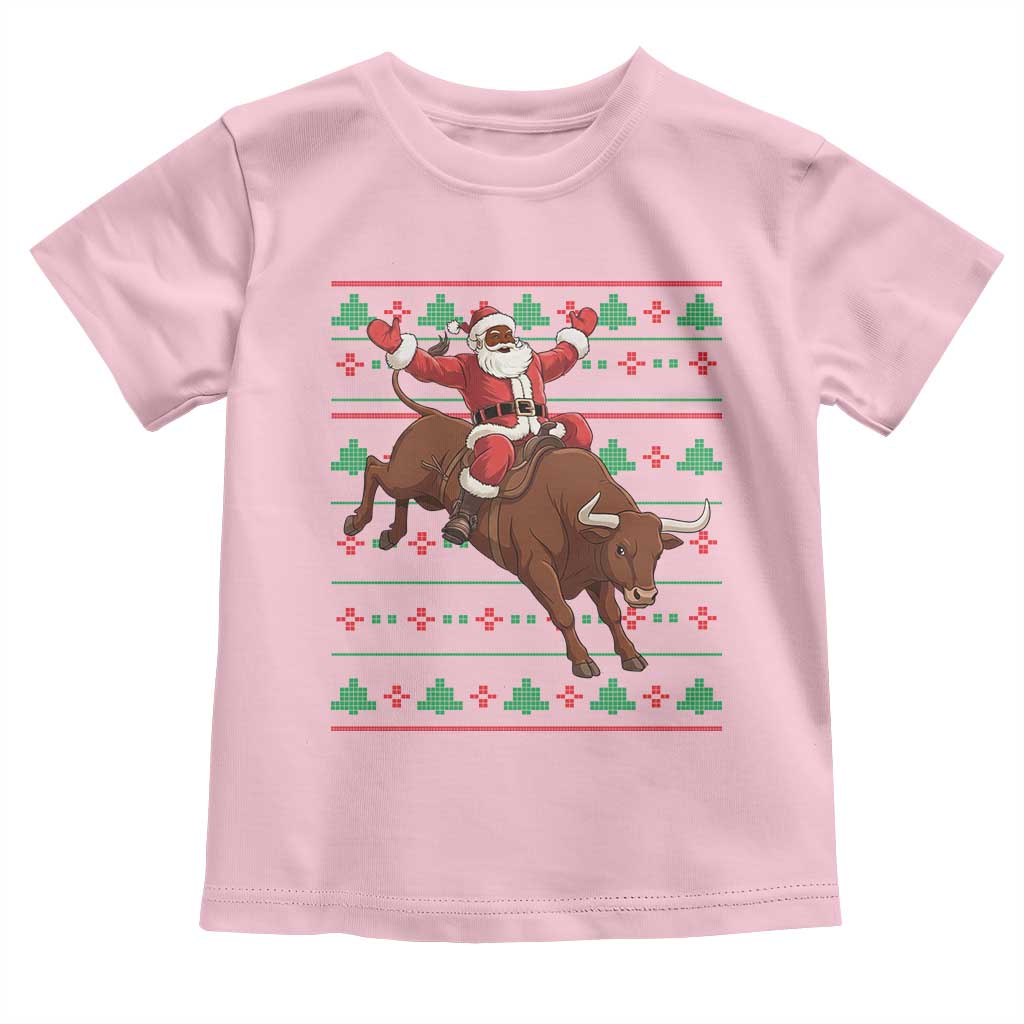 Funny Black Santa Riding Bull Toddler T Shirt Ugly Christmas Sweater Gift TS12 Light Pink Print Your Wear
