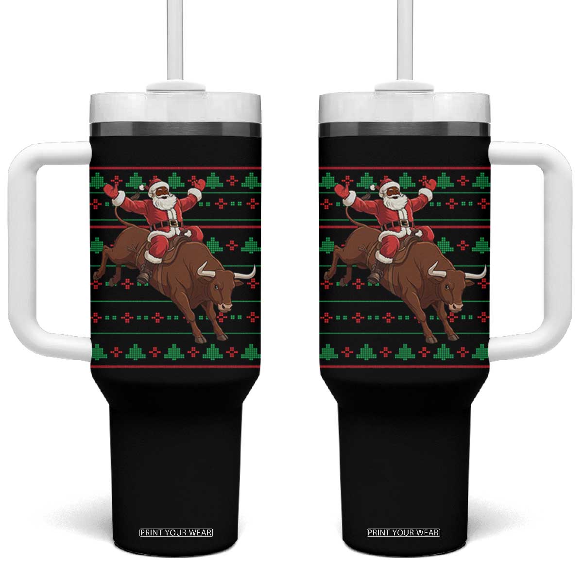 Funny Black Santa Riding Bull Tumbler With Handle Ugly Christmas Sweater Gift TS12 One Size: 40 oz Black Print Your Wear
