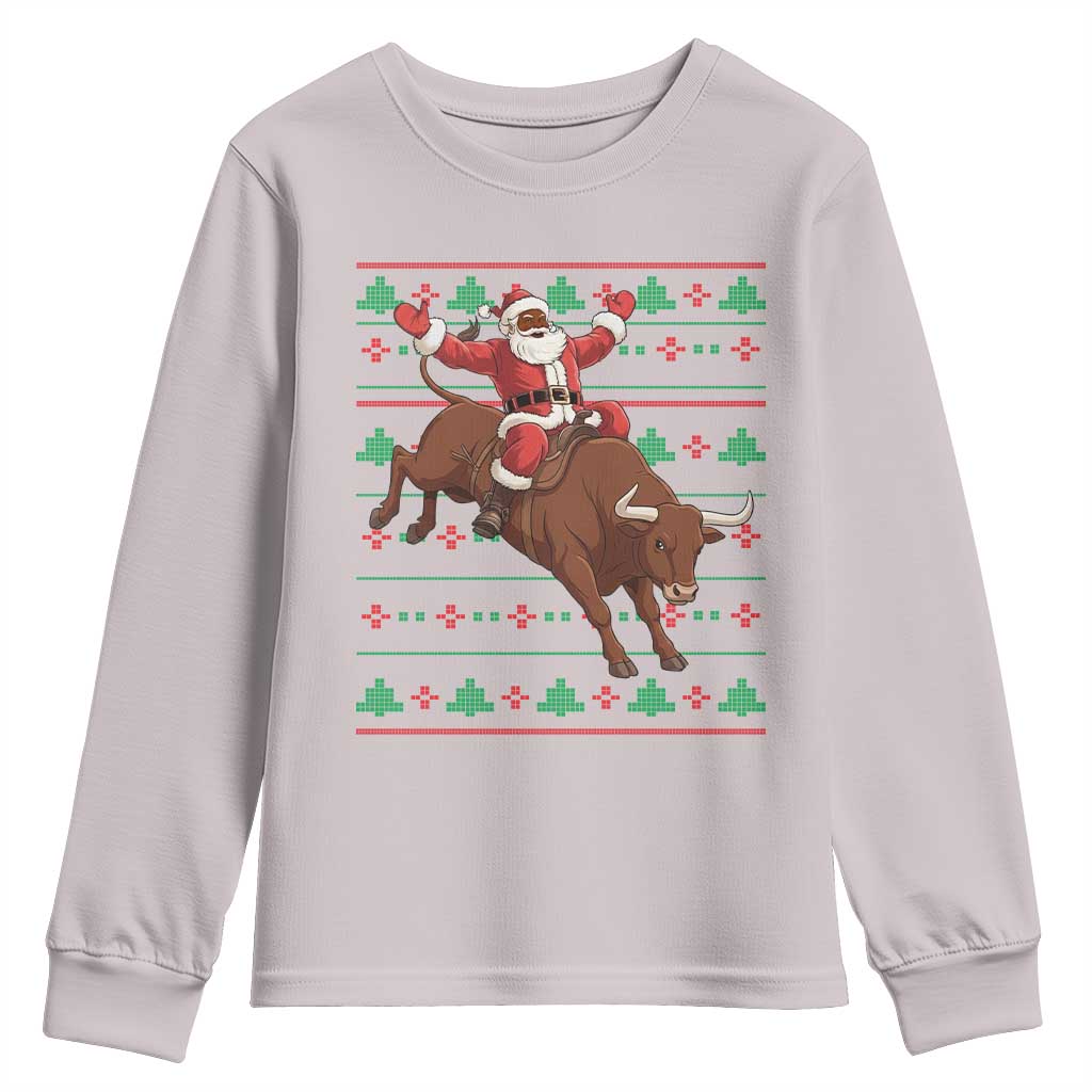 Funny Black Santa Riding Bull Youth Sweatshirt Ugly Christmas Sweater Gift TS12 Ice Gray Print Your Wear