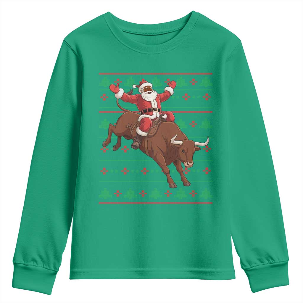 Funny Black Santa Riding Bull Youth Sweatshirt Ugly Christmas Sweater Gift TS12 Irish Green Print Your Wear