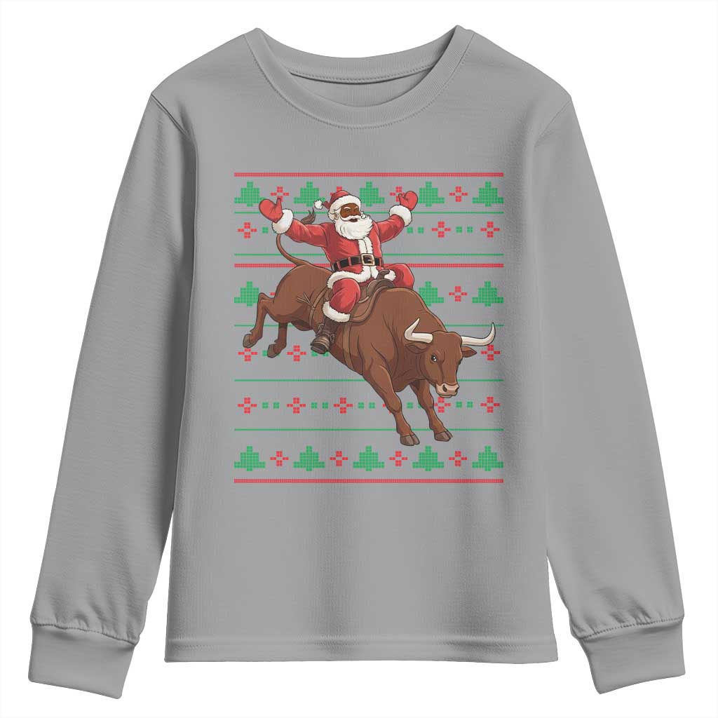 Funny Black Santa Riding Bull Youth Sweatshirt Ugly Christmas Sweater Gift TS12 Sport Gray Print Your Wear