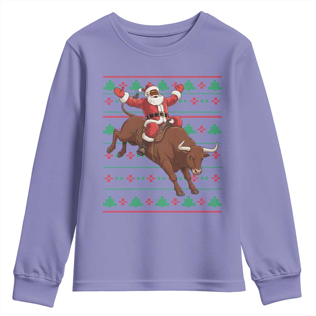 Funny Black Santa Riding Bull Youth Sweatshirt Ugly Christmas Sweater Gift TS12 Violet Print Your Wear
